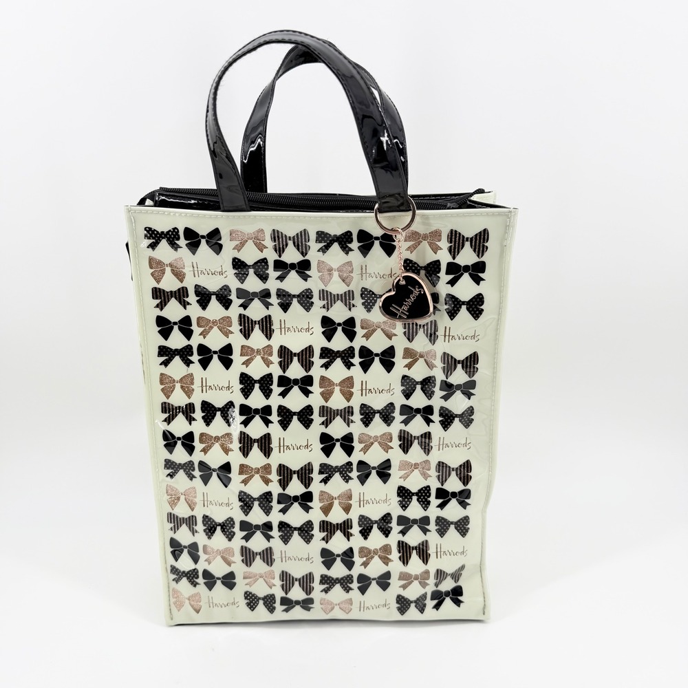 Harrods Medium PVC Bow Tote Bag Cream Black Rose Gold Patent Shopper Charm Zip
